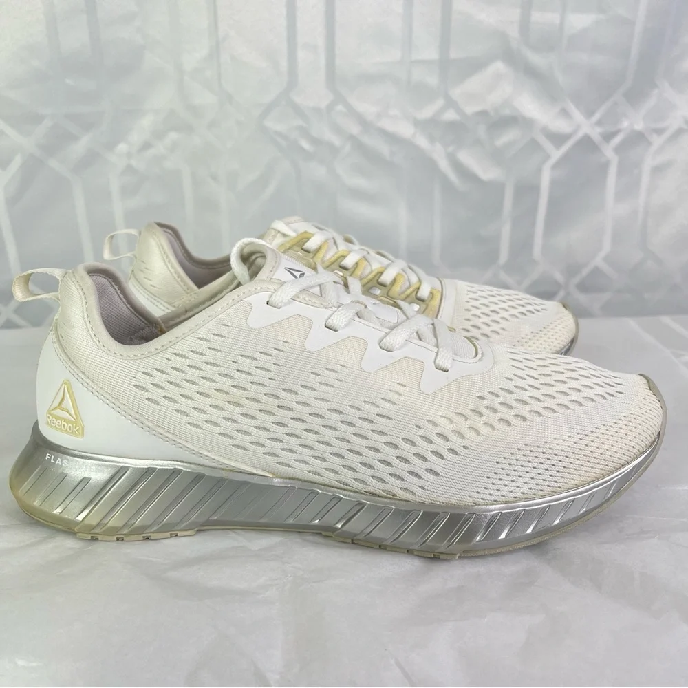 Reebok Flashfilm White & Silver Metallic Running Training Shoes Size 10